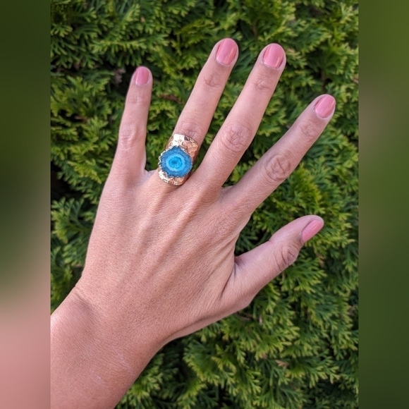 Artisan Handmade In Morocco Adjustable Blue Geode Wide Band Gold Ring Size 8.75 - Picture 1 of 8